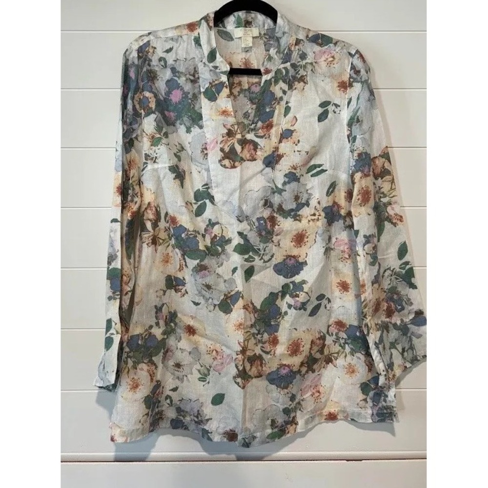 St. Tropez 100% Linen Shirt Womens Medium Floral V Neck